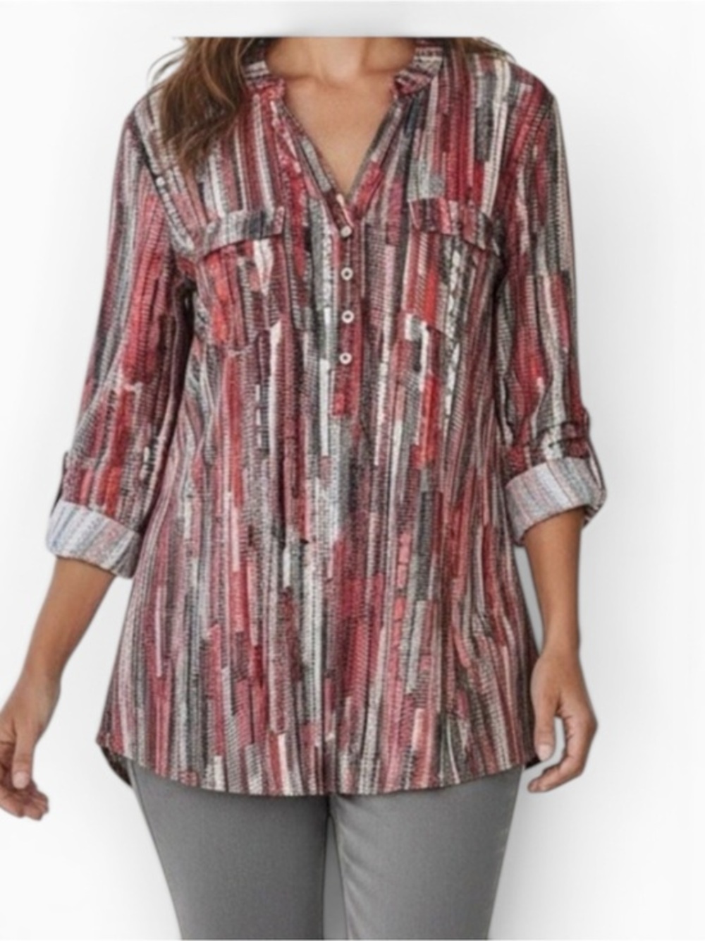 Ava & Grace Blouse Womens Size M Red, Gray, Black, White Striped Tunic V-Neck